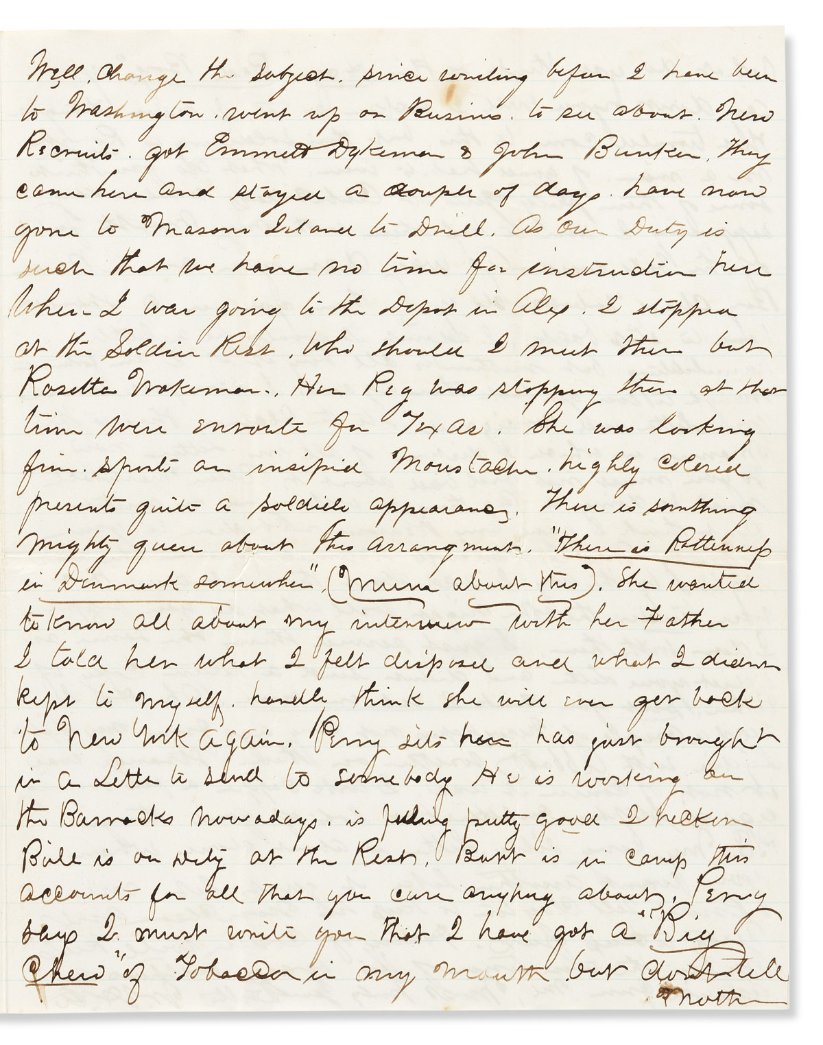 (CIVIL WAR--WOMEN.) William Henry Austin. Letter describing a meeting with female soldier Sarah Rosetta Wakeman.